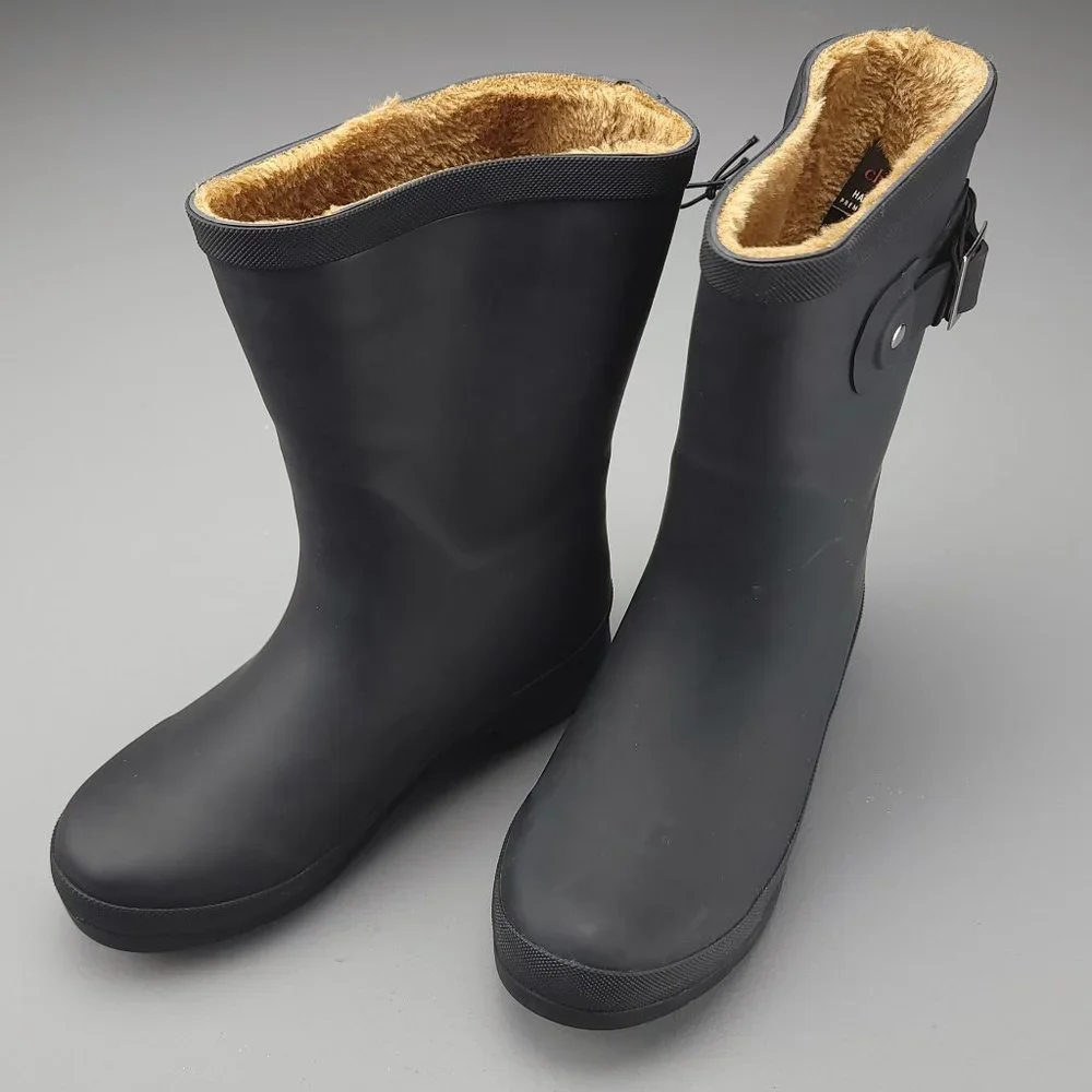 Chooka Delridge Mid Calf Matte Black Rain Boot Faux Fur Lining